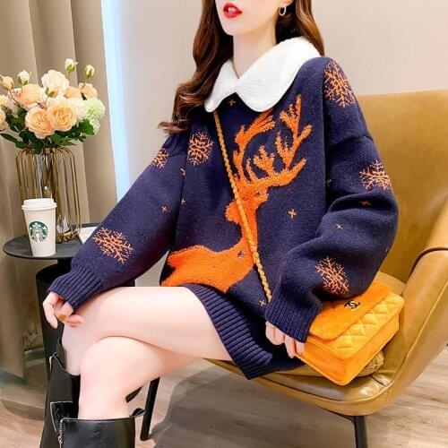 Womens Top 2021 Fashion New Korean Version of The Autumn and Winter Red Christmas Deer Sweater Women Loose Knit Bottoming Shirt