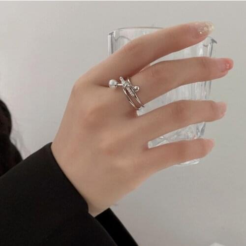 VSnow Unique Design Double-Layer Tie Simulation Pearl Ring for Women Girls Shining Open Adjustable Index Finger Ring Jewelry