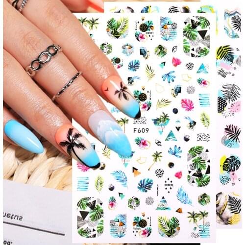 1 Pc Summer Beach Coconut Tree 3D Nails Sticker Flower Leaves Slider Transfer Stickers DIY Decoration For Nail Art Manicuring