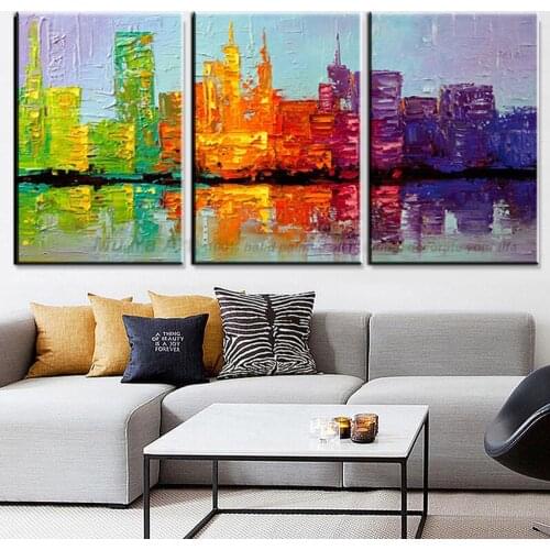 Abstract handmade landscape 3 piece canvas art city knife painting on canvas wall picture for living room paintings wall decor