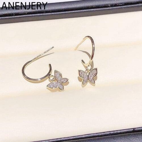 ANENJERY 925 Sterling Silver Inlaid Zircon Butterfly Pendant Earrings for Women Girl Birthday Gifts Jewelry Wholesale S-E1186