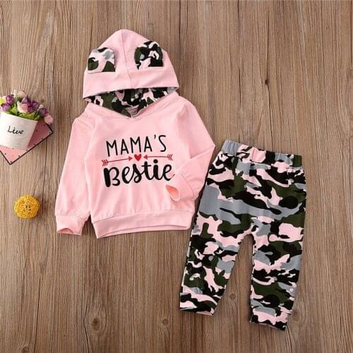 Free shipping Toddler Baby Girls Clothes Hooded pullover MAMAS Bestie Tops camouflage Pants 2pc kids newborn lovely outfits
