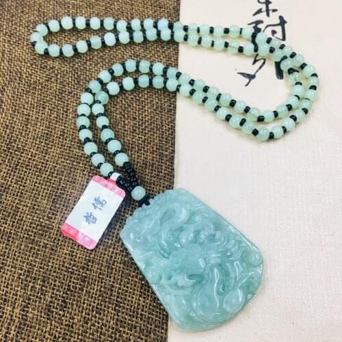 Zheru Pure natural Jadeite carved light green big dragon pendant with green bead necklace sweater chain Send certificate