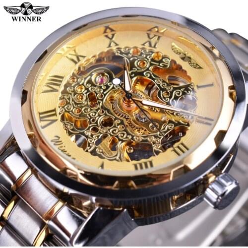 Winner Classic Design Transparent Case Golden Movement Inside Skeleton Wrist Watch Men Watches Top Brand Luxury Mechanical Watch