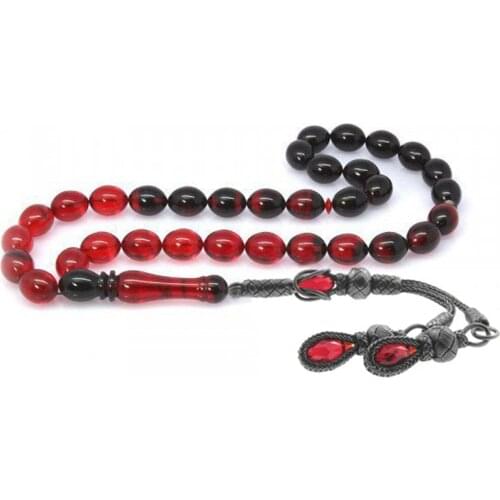 Tesbihane 1000 Sterling Silver Kazaz Tassels Barley Cut Filtering Red Fire Amber Prayer Beads