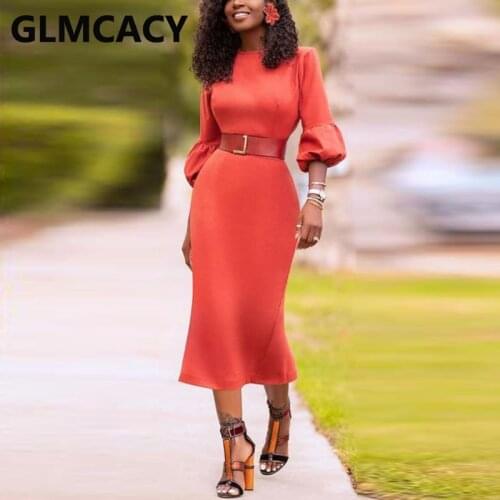 Women Long Lantern Sleeve Solid Dress Casual Office Ladies Work Dress Elegant Chic Party Dress