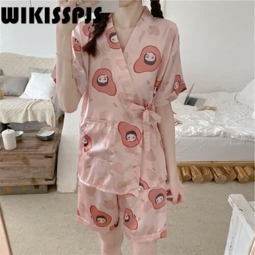 WIKISSPJS 2021 Summer New Sweet Japanese Short Sleeve Kimono Pajamas Casual Cartoon Printed Home Clothes Pajamas for Women