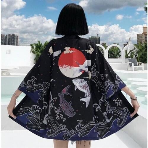 Japanese Fish Print Kimono Cardigan Harajuku Traditional Women Cosplay Yukata Female Obi Black Streetwear Haori Beach