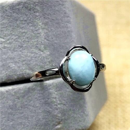 7x5mm Natural Blue Larimar Ring Jewelry For Woman Lady Man Silver Beads Dominica Water Pattern Stone Adjustable Size Ring AAAAA