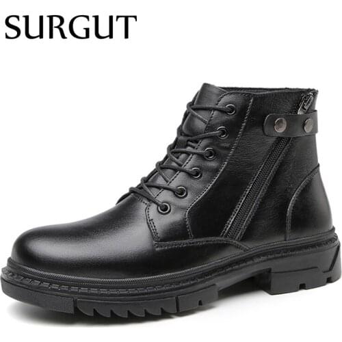 SURGUT Men Handmade Snow Boots Winter Warm Outdoor Walking Ankle Boots New Male Genuine Leather Comfortable Black Work Boots