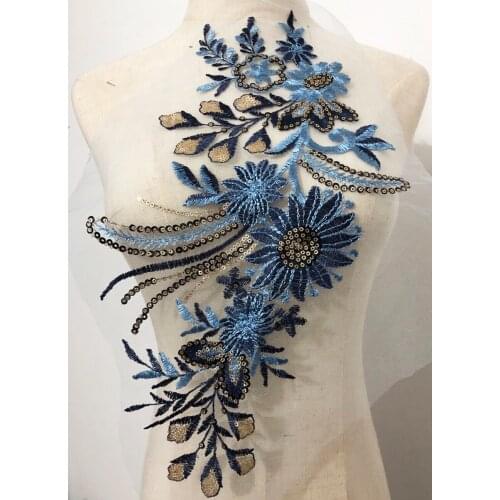 1pcs Dark blue flowers Embroidery Patches For Evening Dress Sew On Applique Accessories Diy Clothing Decoration Patch