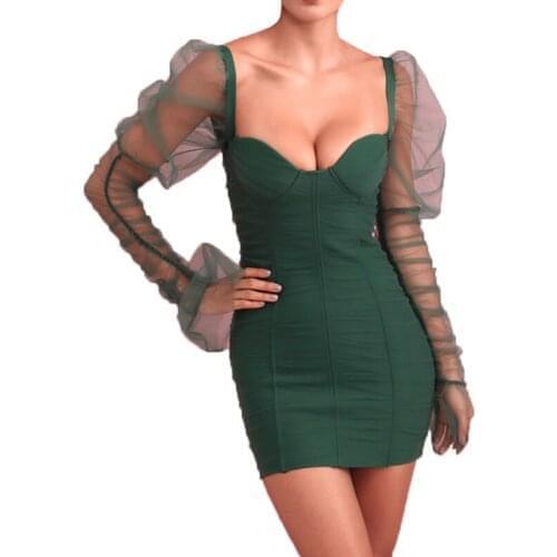 New sexy tube top puff sleeve mesh silm bodycon party mini dresses women long sleeve dress bandage celebrity night club vestidos