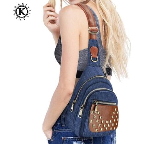 Casual Fashion Studded Chest Bags Roomy Durable Jeans Womens Shoulder Crossbody Bag Travel Colleage Denim Sling Bags