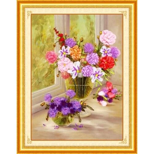Needlework,DIY Ribbon Cross stitch Sets for Embroidery kit, Blossoml vase flowers bands embroidery wall wedding decoration