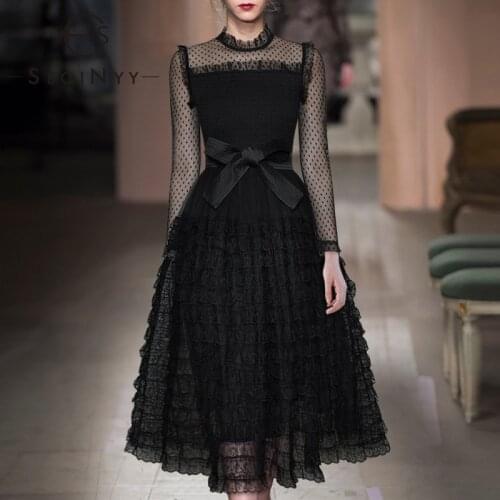 SEQINYY Party Elegant Dress Summer Spring New Fashion Design Women Lace Runway A-line Belt High Quality