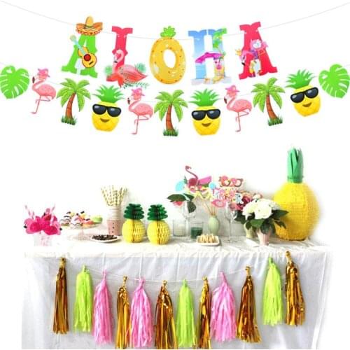 Hawaiian Party Deocrations Pineapple Flamingo Cactus ALOHA Banner Summer Tropical Birthday Cake Topper Luau Beach Party Supplies