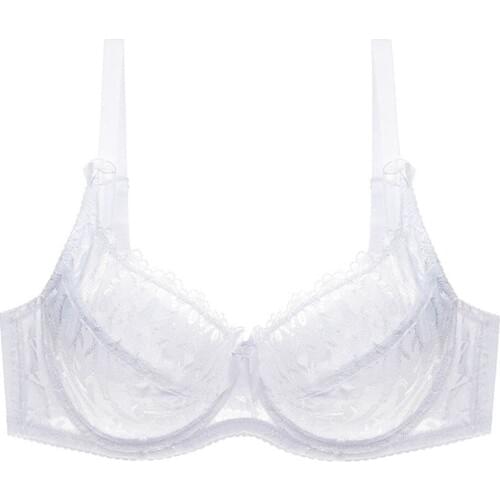 YANDW new white mesh bras lace womens embroidery transparent underwire thin sexy lingerie bra floral 36D 38D 40D 42D 44D