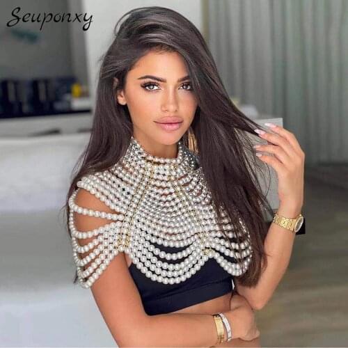 High Quality 2021 Fashion New WomenS White Elegant Shawl Sexy O-Neck Shawl Top Handmade Pearl Celebrity Party Club Shawl