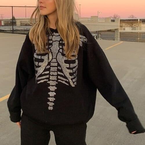 Harajuku y2k skeleton Print Oversized Hoodies Gothic hot rhinestone zipper Women Sweatshirts punk Long Sleeve Hooded Pullovers