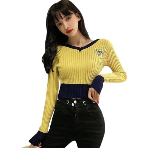 Womens t-Shirts V-Neck Tshirt Contrast Color Slim Sexy Navel Knit Long Sleeves Tee Shirt Tops