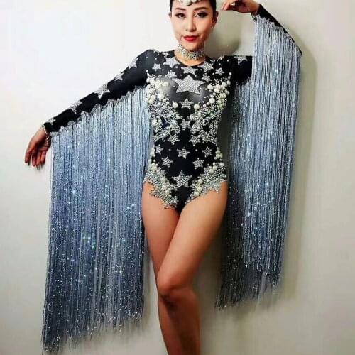 Fringed Crystals Women Outfit Jazz Costume Rhinestone Sexy Bodysuit Black Singer Dancer Nightclub Stag Party Prom Jumpsuit DJ210