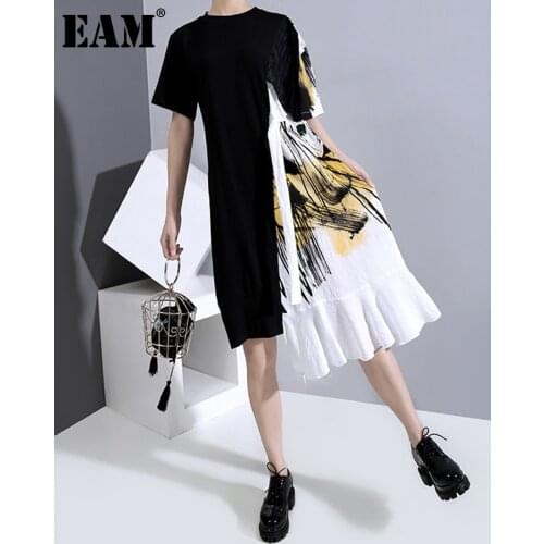 [EAM] Women Black Pattern Printed Ruffles Dress New Round Neck Short Sleeve Loose Fit Fashion Tide Spring Summer 2021 1W007