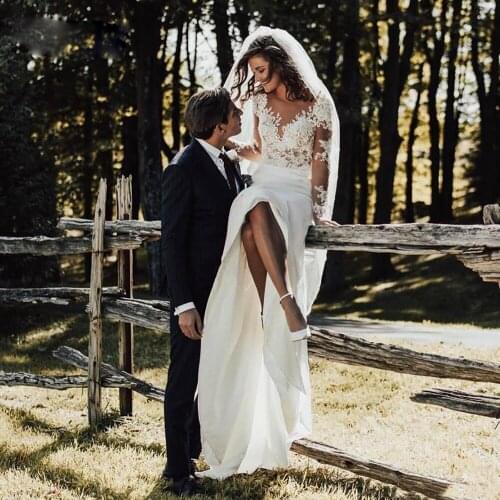 Gy Mermaid Chiffon Bridal Gown Turkey Plus Size Long Sleeve Lace Wedding Dresses Illusion Button Wedding Party Gowns