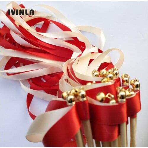 50pcs/lot red wedding ribbon sticks With gold Bells for wedding decoration