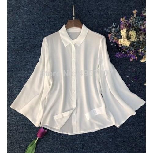 ElfStyle 100% White Solid Color Blouse Shirt - 2020ss Women Long Sleeve Lapel Shirt Top