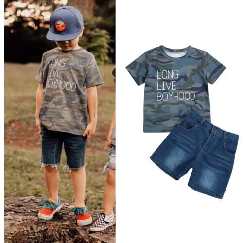 FOCUSNORM Infant Kids Boys Causal Summer Clothes Sets 1-6Y Letter Camouflage Printed Short Sleeve T Shirts Denim Shorts