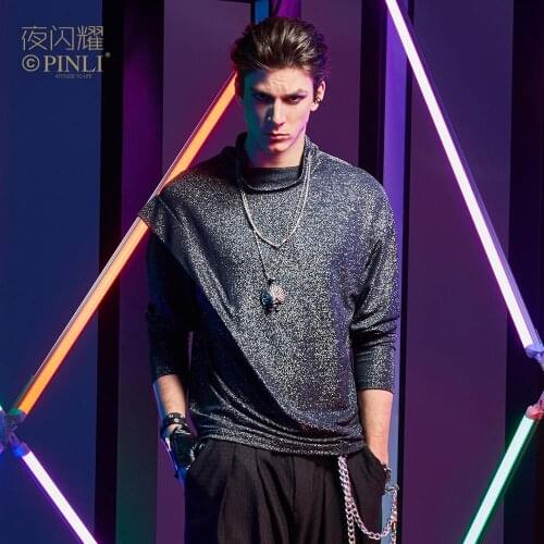 Free shipping New mens male black fashion round neck Autumn Nightclub Slim Black Long Sleeve T-shirt Sweatershirt BY203311107