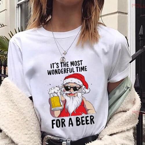 FIXSYS Female Funny Santa Claus Printed T-Shirt Women Merry Christmas Party Tshirt Unisex Loose Size Short Sleeve T-shirts