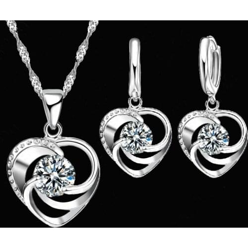 925 Sterling Silver Necklace Earrings Set Long Chain Sweet Romantic Style Love Heart Shape For Women Lady Wife
