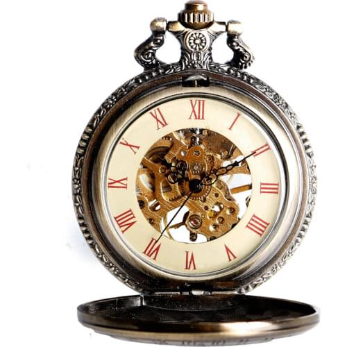 Bronze Constellation Mechanical Pocket Watch Antique Copper Skeleton Luxury Stylish Windup Zodiac Men Birthday Presents