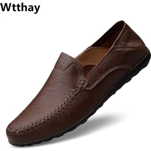 Genuine Leather Mens Shoes Casual Luxury Brand 2021 Men Loafers Moccasins Breathable Slip on Male Boat Shoes Plus Size 37-47