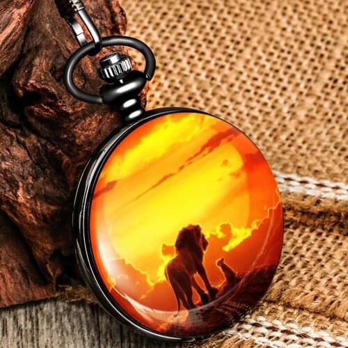 Lion King Pattern At Dusk Male Cool Black Quartz Pocket Watch Clear Digital Dial Flip-top Aluminum Alloy Pendant Watch Gifts