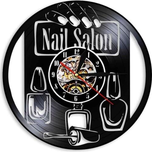 Nail Studio Vinyl Record Wall Clock Nail Polish Manicure Beauty Salon Clock Decorative Wall Watch Fashion Lady Manicurists Gift