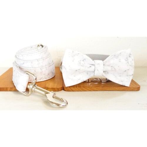Personalized Bow Tie Dog Collar and Leash Set for Small Large Dogs White Marble Pattern Luxury Gift Dog Collar with Walking Lead