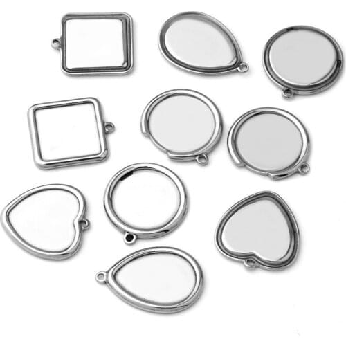 Stainless Steel Pendant Charms Square Heart Circle Oval Drop Bezel Cameo Cabochons Base Blanks DIY Findings NO Fade Wholesale