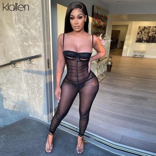 KLALIEN Sexy Strapless Mesh See Through Solid Black Jumpsuit New Summer Party Club Streetwear Slim Elastic Female Romper Hot
