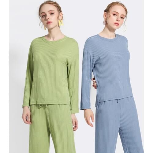 2020 Spring New Style PURE Cotton Pajamas WOMENS Suit Thread Long Sleeve Crew Neck Loose Pants Cotton Tracksuit Two-Piece Set