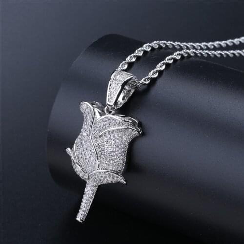Lucky Sonny Rose Flower Pendant & Necklace Petals with Rope Chain Silver Color Joyas Iced Cubic Zircon Out Men Hip Hop Jewelry