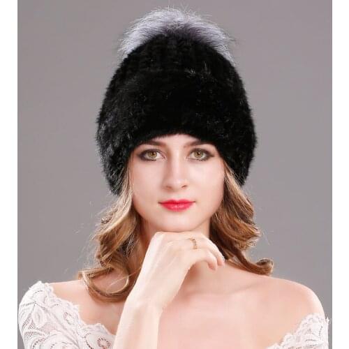 Mink Fur Cap Knitted Hats With Fox Hair Ball Winter Women Beanies 100% Natural Genuine Fur Caps Russian Hat Cap For Women