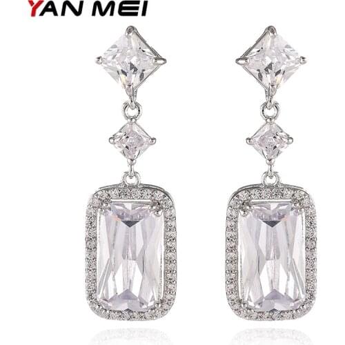 YANMEI Cublic Zirconia Rectangle Dangle Earrings for women Rectangular Square Earring Pendientes Fashion Jewelry YME10017