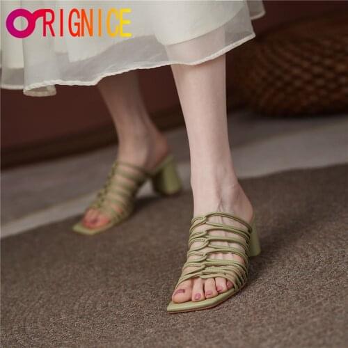 Orignice Chunky Heels Women Cross Band Slippers Fashion Square Toe Summer Gladiator Sandals Ladies Woven Casual Beach Slides