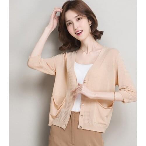 Women Linen Cardigan Summer Thin Knitwear Fashion Pockets Knit Coat V-Neck Lady Knit Outwear