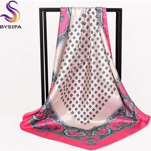 [BYSIFA] Women Satin Square Scarves Luxury Fashion Pink Plaid Silk Scarf Shawl Elegant Spring Autumn Muslim Head Scarf 90*90cm