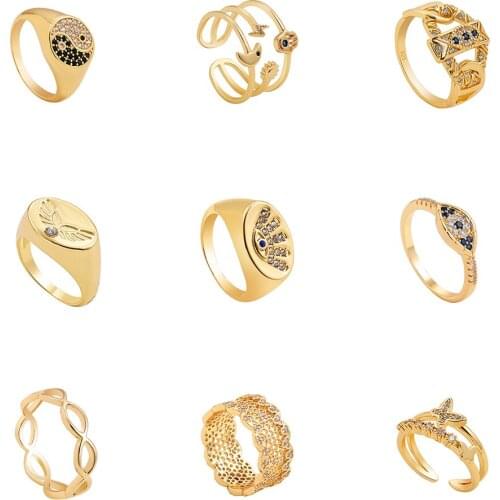 Charm CZ Zircon Blue Stone Evil Eyes Ring Vintage Gold Plated Tai Chi Yinyang Chunky Rings for Women Wedding Jewelry Gift