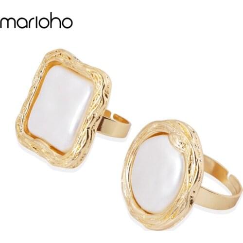 Baroque Fashion Metal Round Square Pearl Finger Ring For Women Gold Color Statement Ring Simple Jewelry Accessories