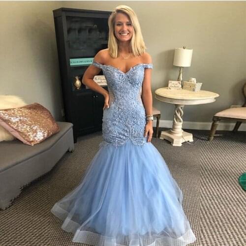 Light Blue Mermaid Prom Dresses Off The Shoulder Hollow Back Prom Gowns 2019 Tiered Skirt Trumpet Women Formal Party Gowns Long